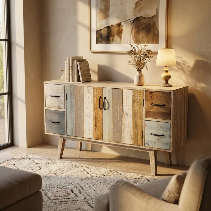 Mobile in legno "Fred" con 4 cassetti e 2 ante in legno colorato, 131 x 40 x 77 h cm