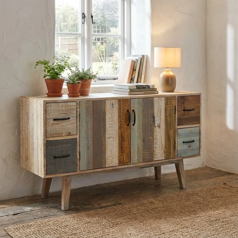 Mobile in legno "Fred" con 4 cassetti e 2 ante in legno colorato, 131 x 40 x 77 h cm