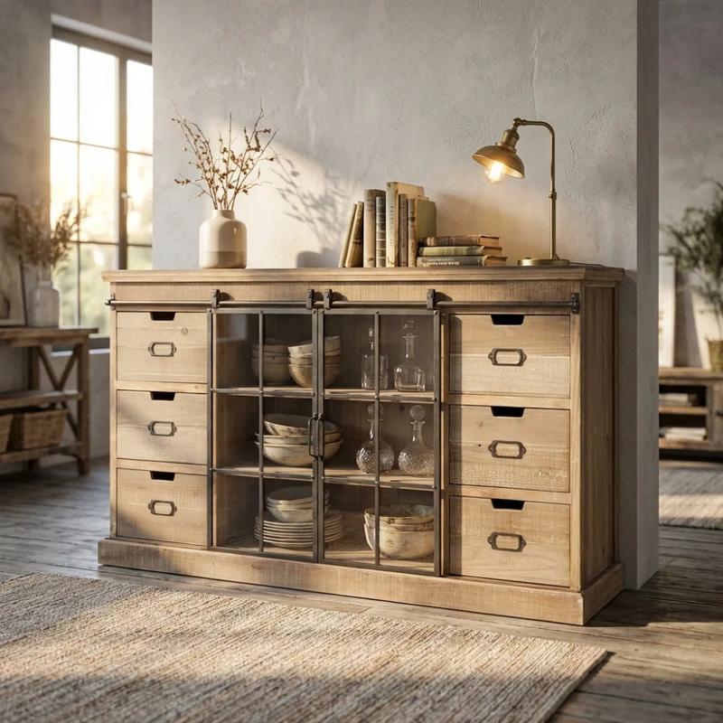 Mobile in legno "Gaston" con 2 ante e 6 cassetti 147,5 x 39 x 81,5 h cm