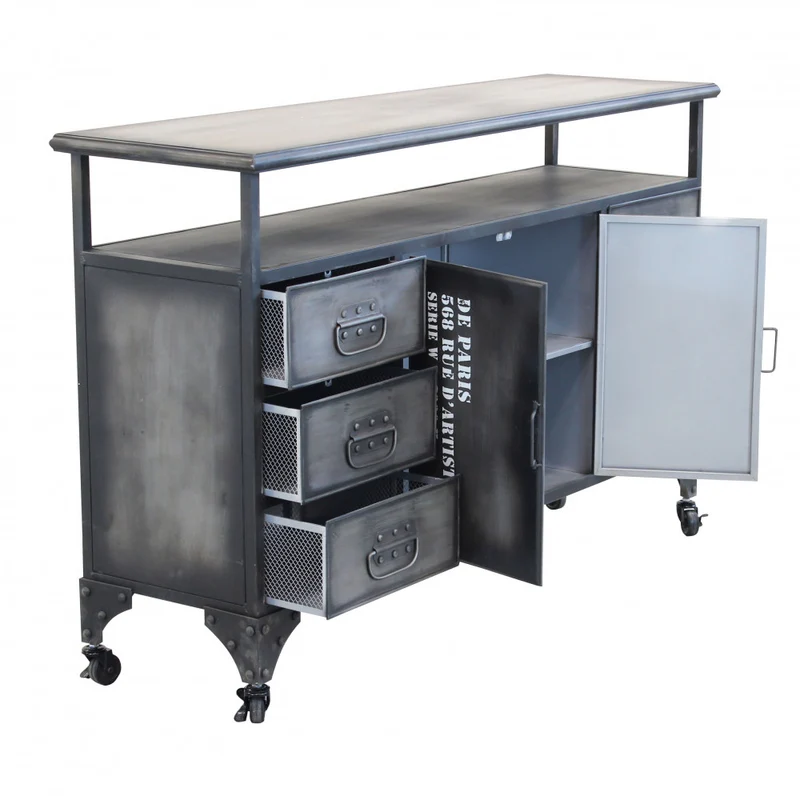 Mobile in ferro "Emeric" con 1 ripiano, 6 cassetti e 2 ante, 132,5 x 37,5 x 82 h cm