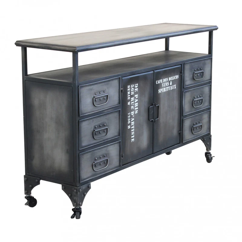 Mobile in ferro "Emeric" con 1 ripiano, 6 cassetti e 2 ante, 132,5 x 37,5 x 82 h cm