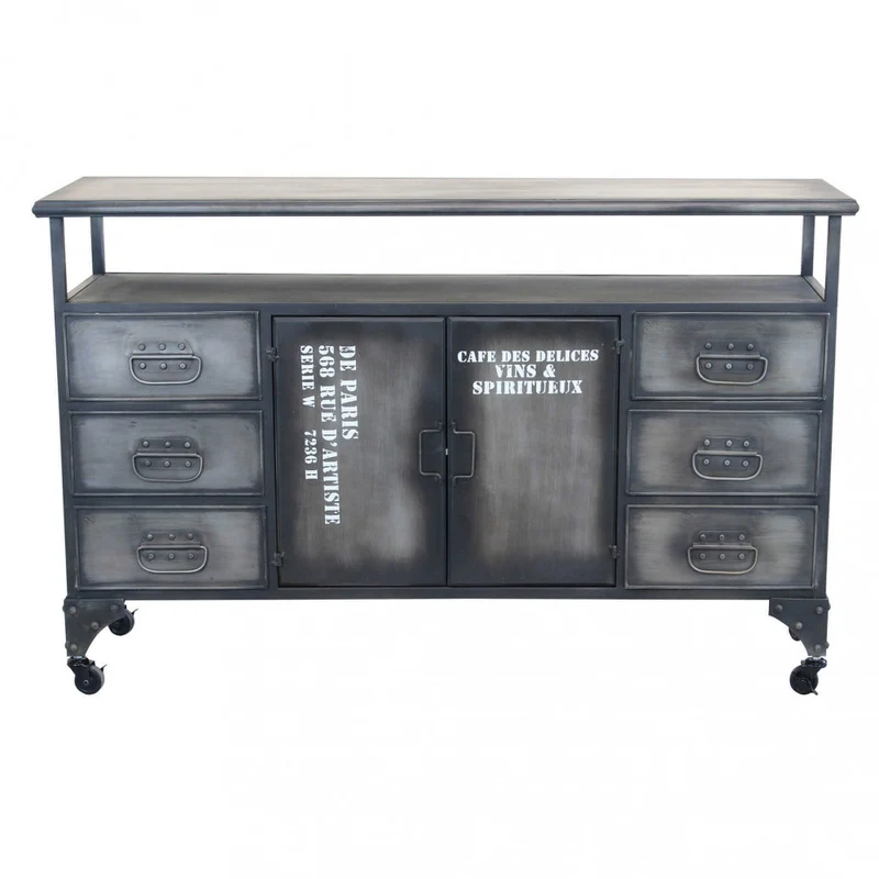 Mobile in ferro "Emeric" con 1 ripiano, 6 cassetti e 2 ante, 132,5 x 37,5 x 82 h cm