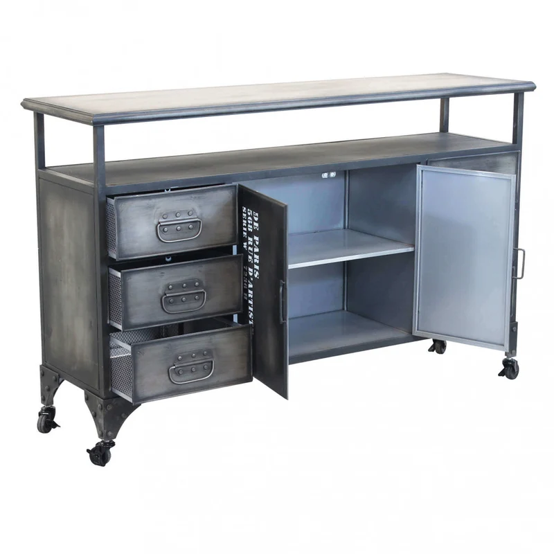 Mobile in ferro "Emeric" con 1 ripiano, 6 cassetti e 2 ante, 132,5 x 37,5 x 82 h cm