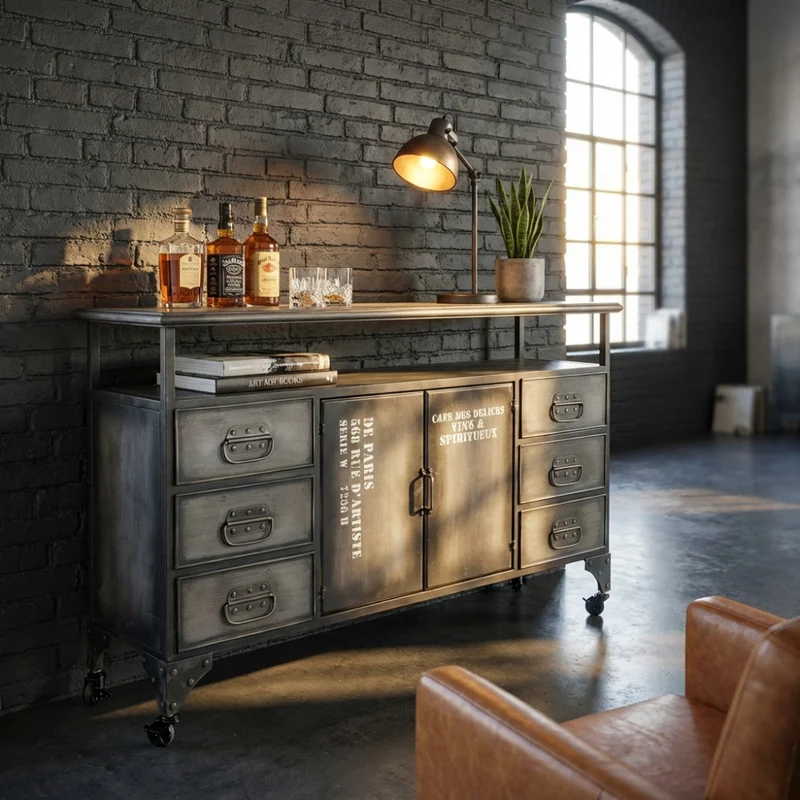 Mobile in ferro "Emeric" con 1 ripiano, 6 cassetti e 2 ante, 132,5 x 37,5 x 82 h cm