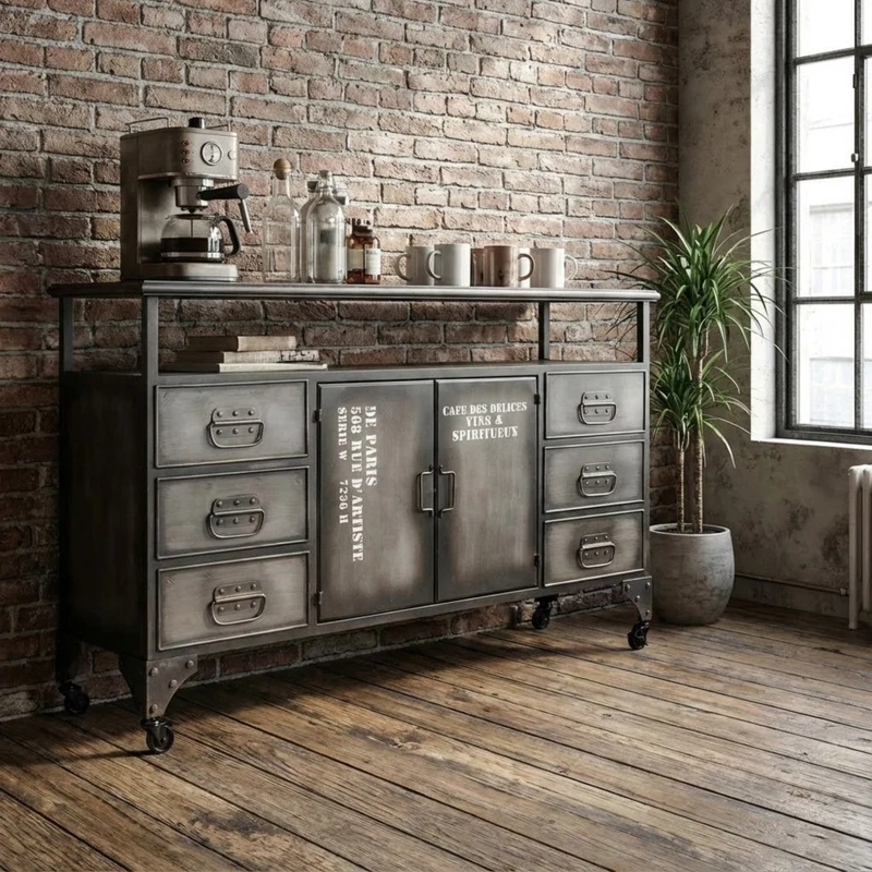 Mobile in ferro "Emeric" con 1 ripiano, 6 cassetti e 2 ante, 132,5 x 37,5 x 82 h cm