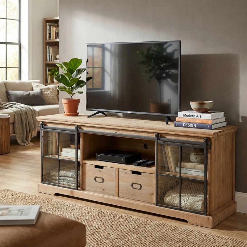 Mobile in legno "Dorian" con 1 ripiano, 2 cassetti e 2 ante in vetro, 160 x 45,5 x 60 h
