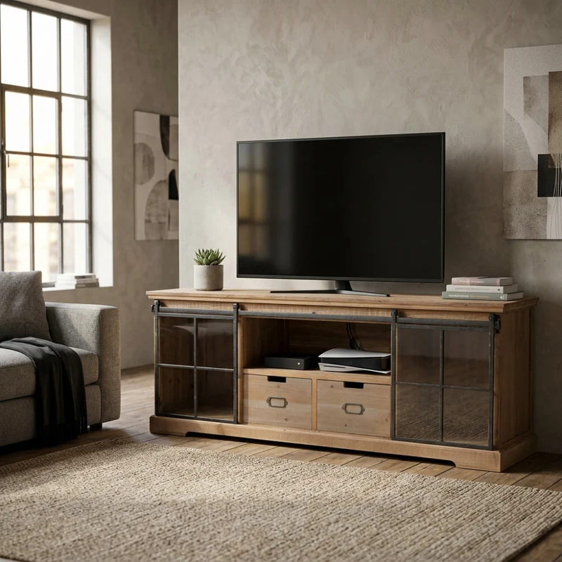Mobile in legno "Dorian" con 1 ripiano, 2 cassetti e 2 ante in vetro, 160 x 45,5 x 60 h