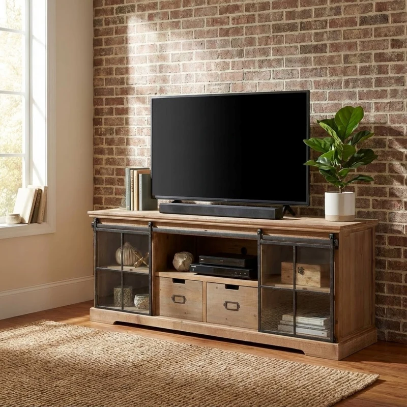 Mobile in legno "Dorian" con 1 ripiano, 2 cassetti e 2 ante in vetro, 160 x 45,5 x 60 h
