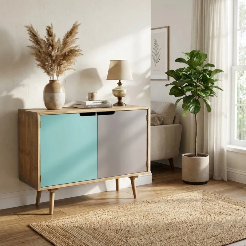 Mobiletto "Niagara" struttura in MDF, gambe in legno di pino, grigio e blu, 80 x 35,5 x 66,8 h cm