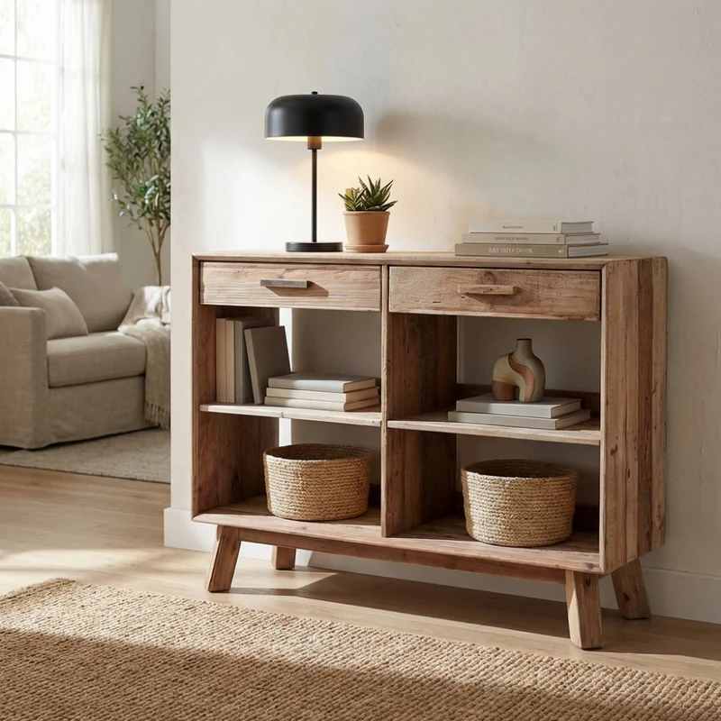 Mobile "Dylan" con 2 cassetti e 4 ripiani in legno di pino riciclato, 117,8 x 40 x 85 h cm