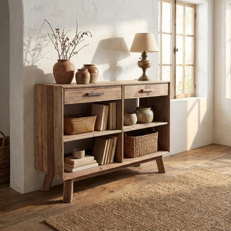 Mobile "Dylan" con 2 cassetti e 4 ripiani in legno di pino riciclato, 117,8 x 40 x 85 h cm