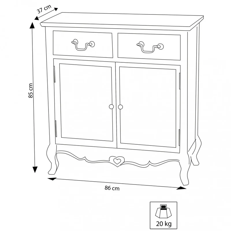 Credenza "Cuore" in legno, bianco e nocciola, con 2 ante e 2 cassetti 86x37x85cm