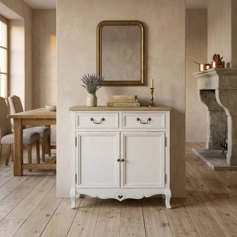 Credenza "Cuore" in legno, bianco e nocciola, con 2 ante e 2 cassetti 86x37x85cm