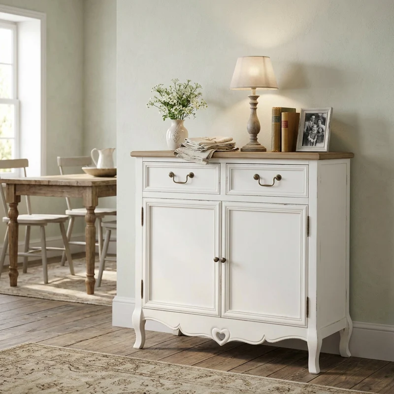 Credenza "Cuore" in legno, bianco e nocciola, con 2 ante e 2 cassetti 86x37x85cm