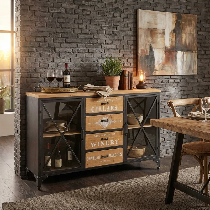 Mobile "Fraser" in legno e acciaio, nero e marrone, con scritte 128 x 38 x 79 h cm