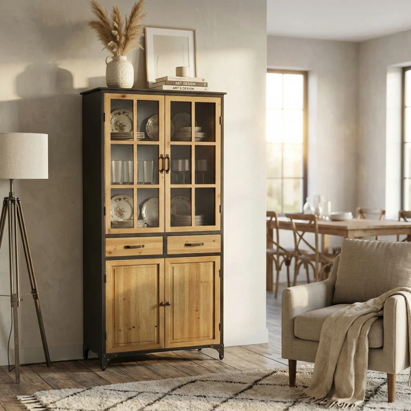 Mobile "Cyrus" nero e marrone, legno e acciaio per interno 78,5 x 41,5 x 175 h cm