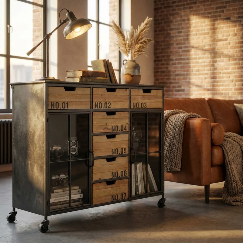 Mobile "Caden" nero, in metallo e legno 98,5 x 38,5 x 84 h cm