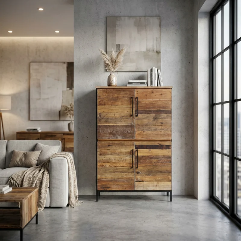Mobile "Braxton" naturale con 4 ante con gambe in metallo nero, 100 x 40 x 160 h cm