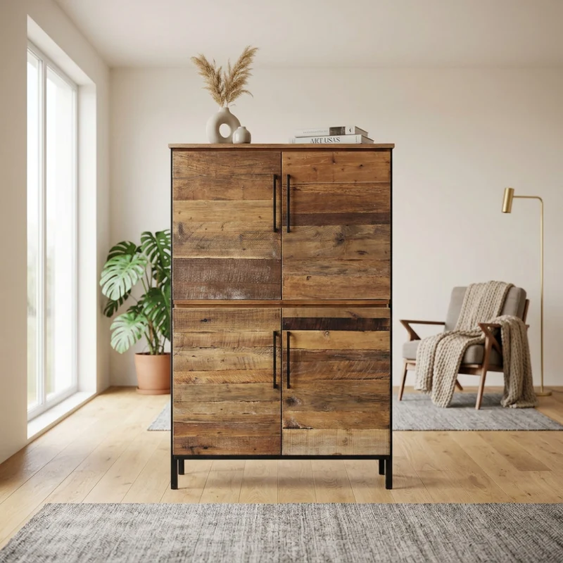 Mobile "Braxton" naturale con 4 ante con gambe in metallo nero, 100 x 40 x 160 h cm