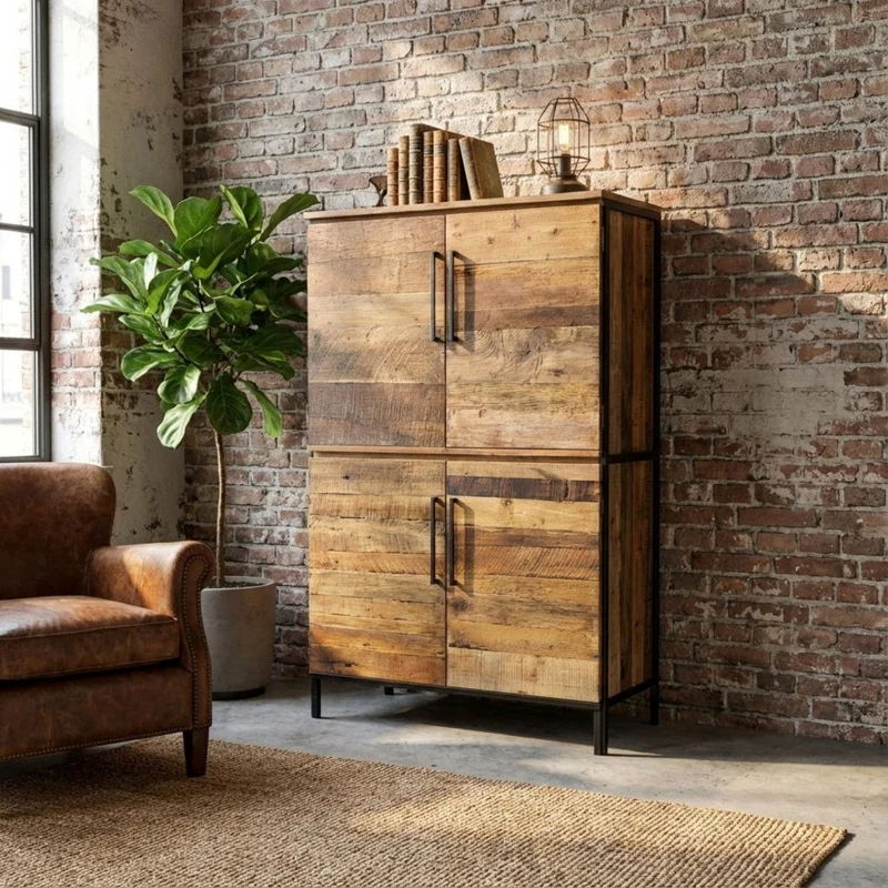 Mobile "Braxton" naturale con 4 ante con gambe in metallo nero, 100 x 40 x 160 h cm