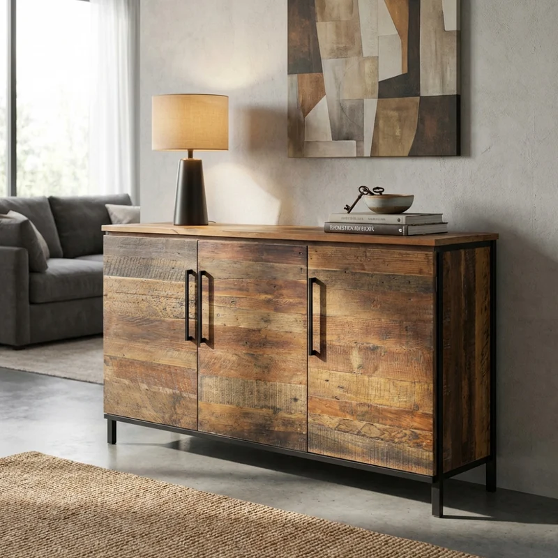 Mobile "Bram" naturale con 3 ante con gambe in metallo nero, 150 x 40 x 86 h cm