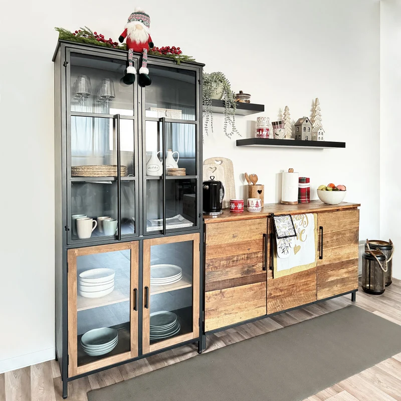 Mobile "Bram" naturale con 3 ante con gambe in metallo nero, 150 x 40 x 86 h cm