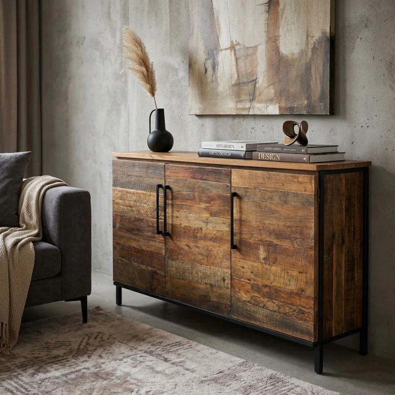 Mobile "Bram" naturale con 3 ante con gambe in metallo nero, 150 x 40 x 86 h cm