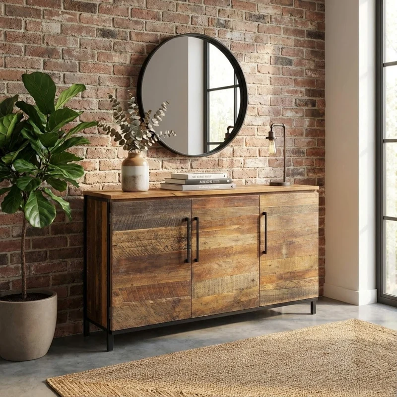 Mobile "Bram" naturale con 3 ante con gambe in metallo nero, 150 x 40 x 86 h cm