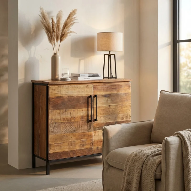 Mobile "Braeden" naturale con 2 ante e 3 cassetti con gambe in metallo nero, 100 x 40 x 86 h cm