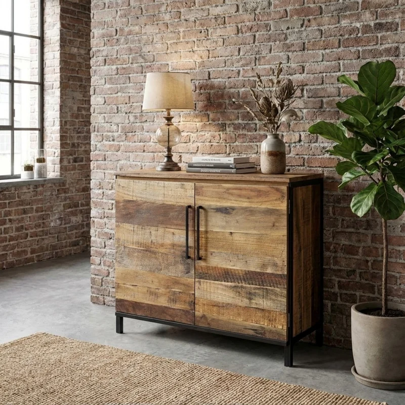 Mobile "Braeden" naturale con 2 ante e 3 cassetti con gambe in metallo nero, 100 x 40 x 86 h cm
