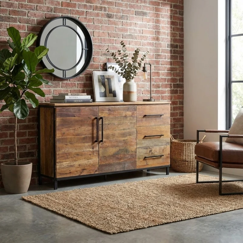 Mobile "Boniface" naturale con 2 ante e 3 cassetti con gambe in metallo nero, 150 x 40 x 86 h cm