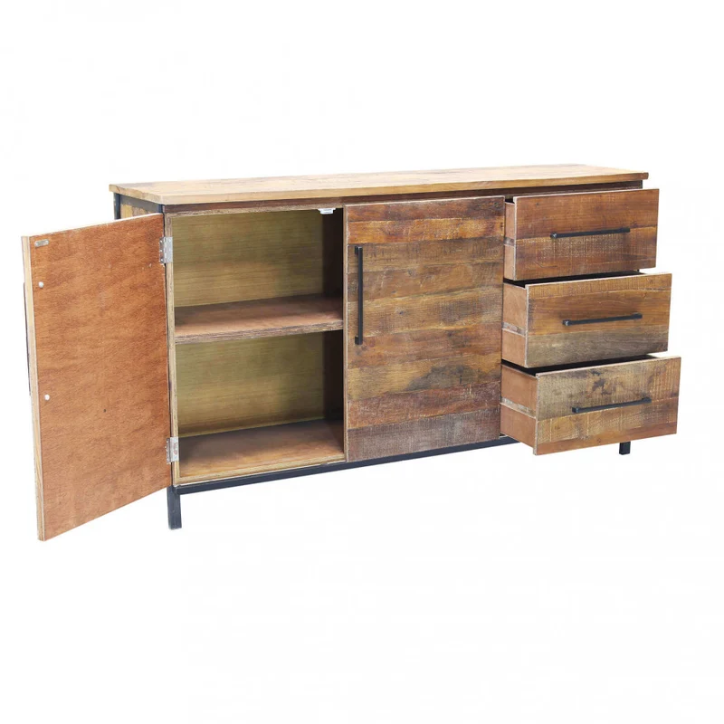 Mobile "Boniface" naturale con 2 ante e 3 cassetti con gambe in metallo nero, 150 x 40 x 86 h cm
