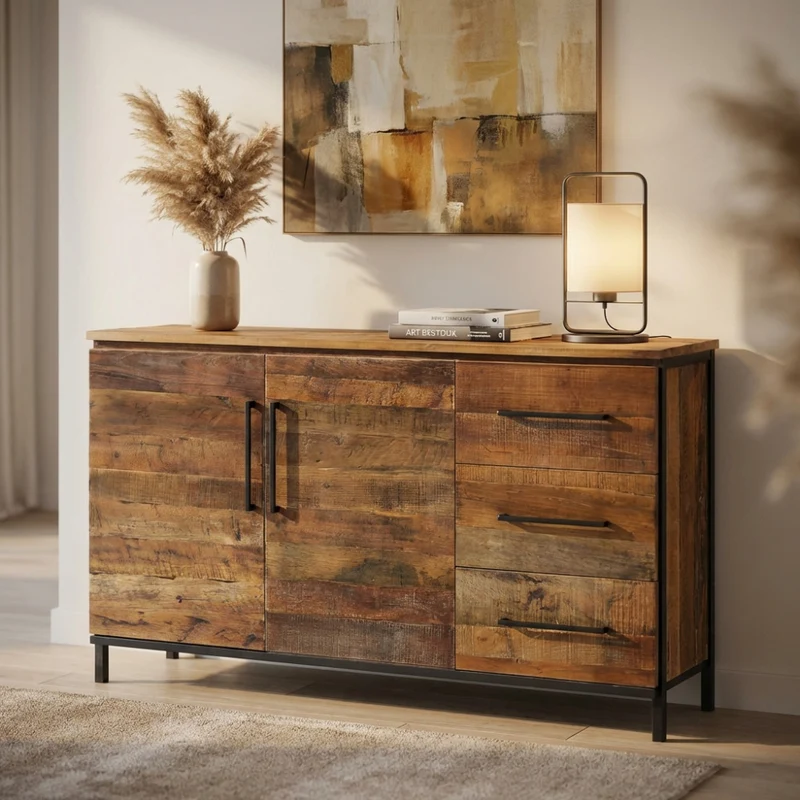 Mobile "Boniface" naturale con 2 ante e 3 cassetti con gambe in metallo nero, 150 x 40 x 86 h cm