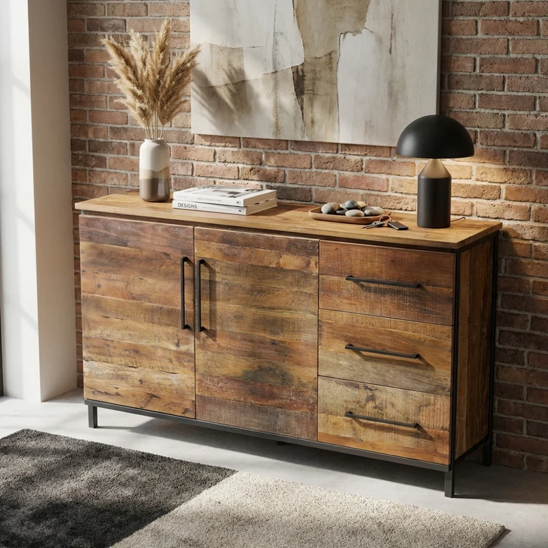 Mobile "Boniface" naturale con 2 ante e 3 cassetti con gambe in metallo nero, 150 x 40 x 86 h cm
