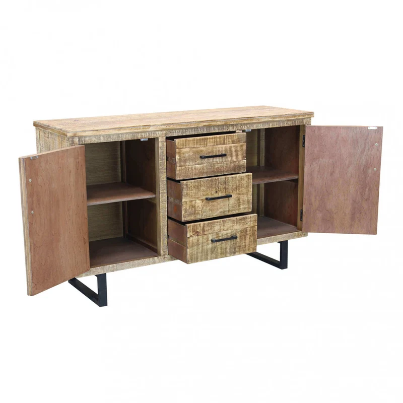 Mobile "Benton" naturale con 2 ante e 3 cassetti con gambe in metallo nero, 135 x 45 x 83 h