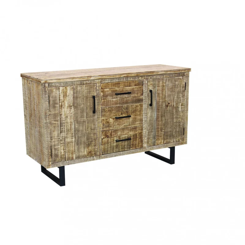 Mobile "Benton" naturale con 2 ante e 3 cassetti con gambe in metallo nero, 135 x 45 x 83 h