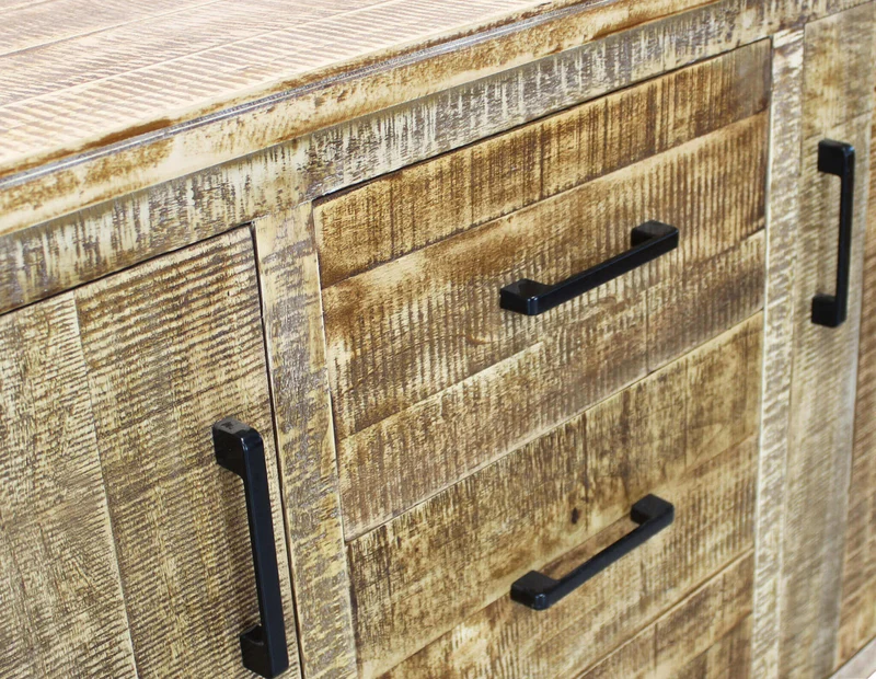 Mobile "Benton" naturale con 2 ante e 3 cassetti con gambe in metallo nero, 135 x 45 x 83 h