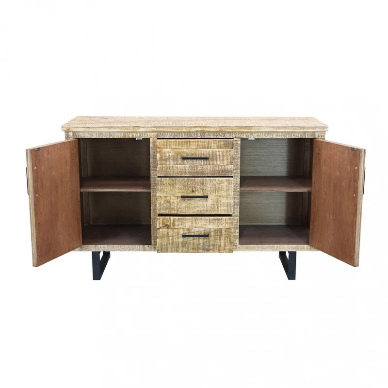Mobile "Benton" naturale con 2 ante e 3 cassetti con gambe in metallo nero, 135 x 45 x 83 h