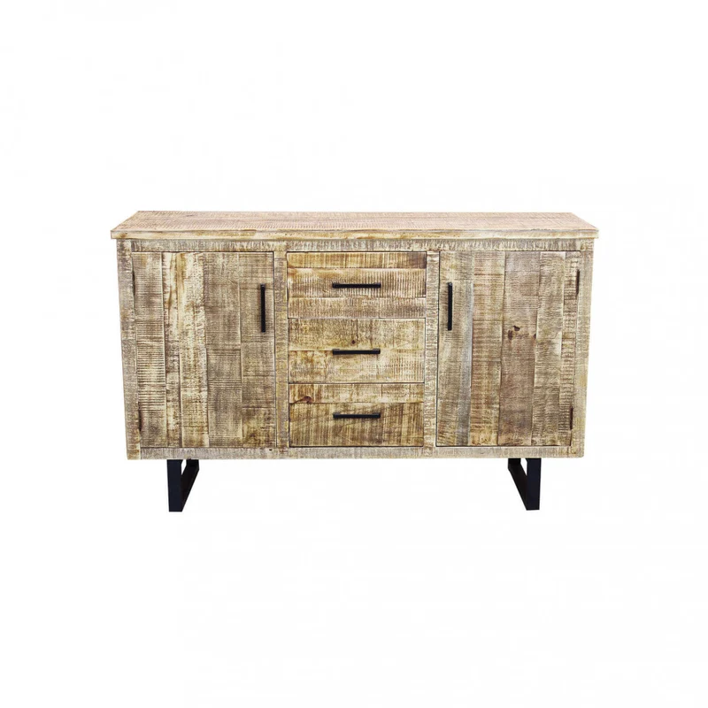 Mobile "Benton" naturale con 2 ante e 3 cassetti con gambe in metallo nero, 135 x 45 x 83 h