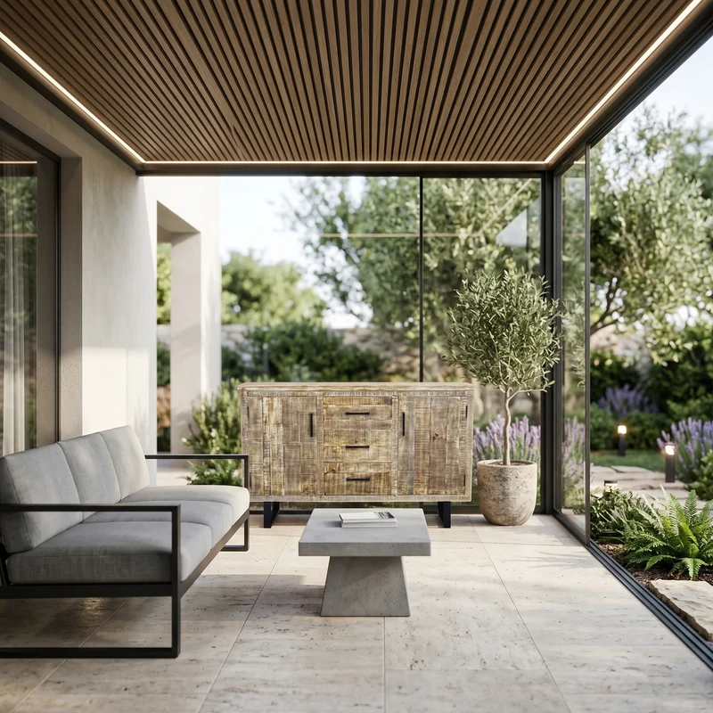 Mobile "Benton" naturale con 2 ante e 3 cassetti con gambe in metallo nero, 135 x 45 x 83 h
