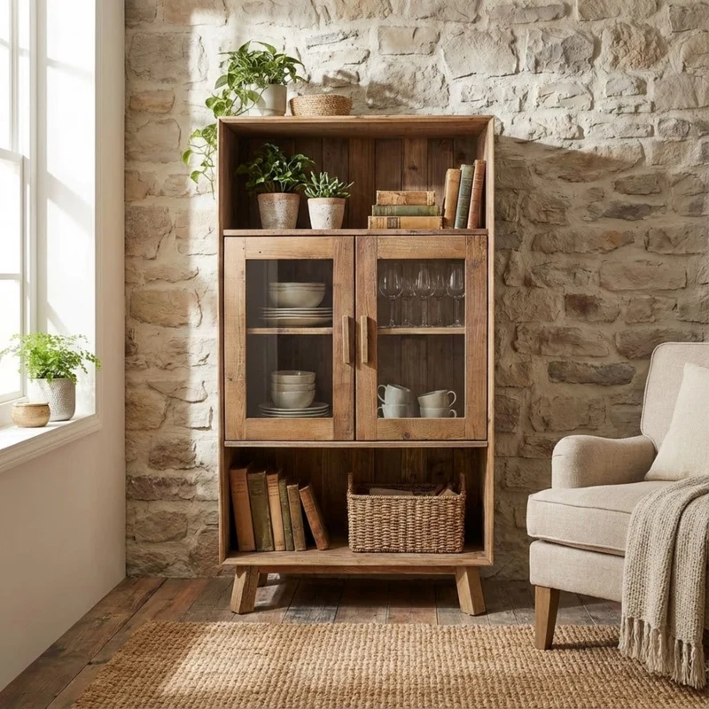 Mobile "Elvin" con 2 ripiani e 2 ante legno di pino riciclato, 90 x 40 x 160 h cm