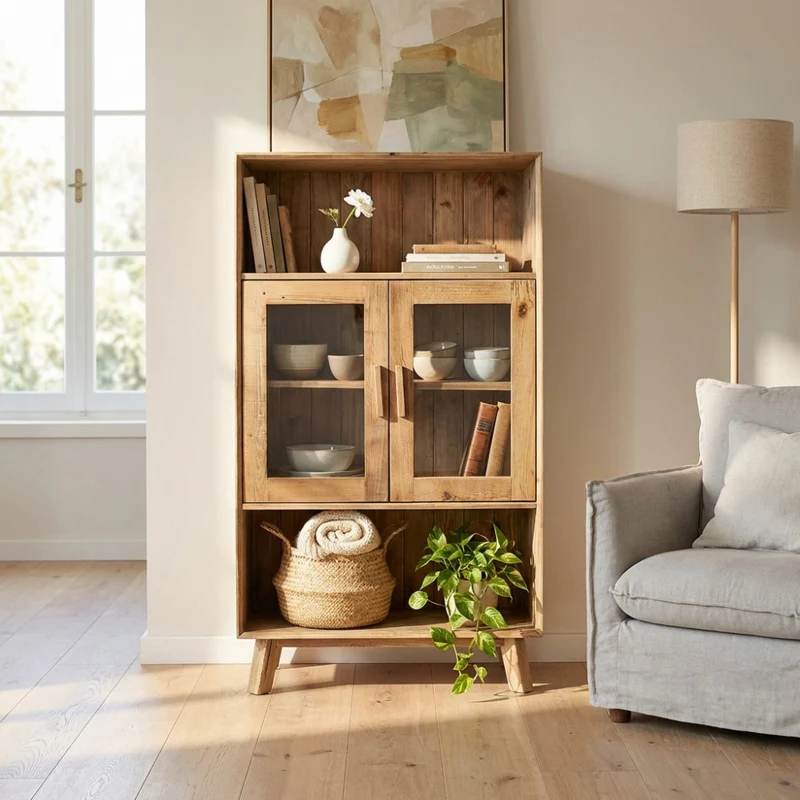 Mobile "Elvin" con 2 ripiani e 2 ante legno di pino riciclato, 90 x 40 x 160 h cm