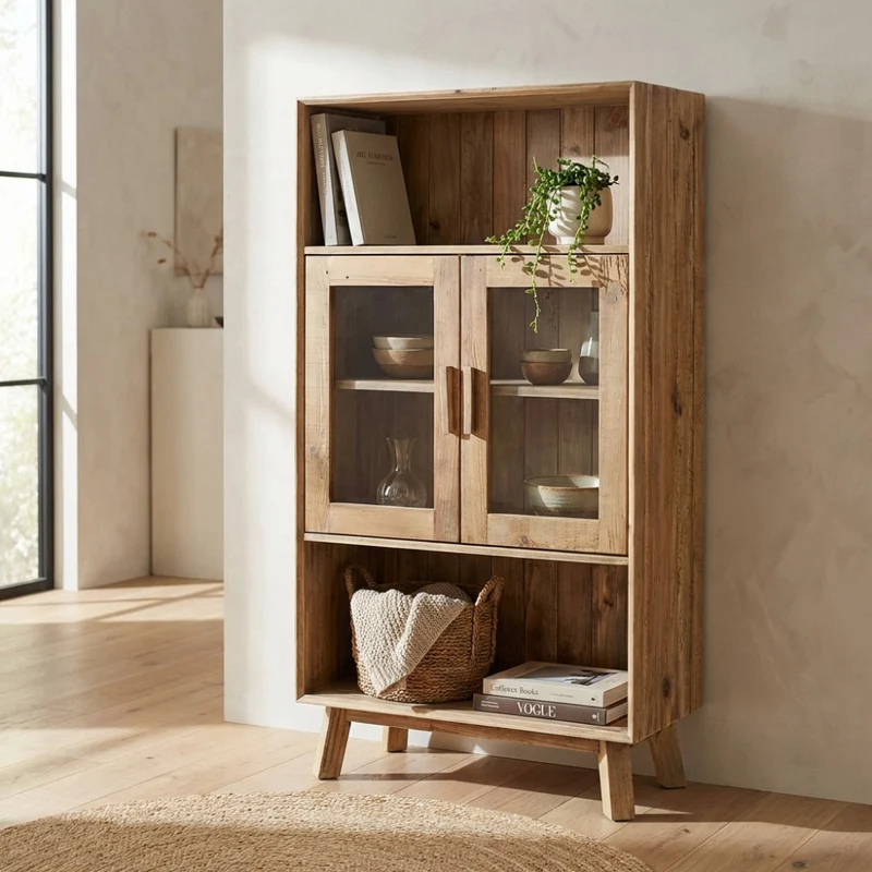 Mobile "Elvin" con 2 ripiani e 2 ante legno di pino riciclato, 90 x 40 x 160 h cm
