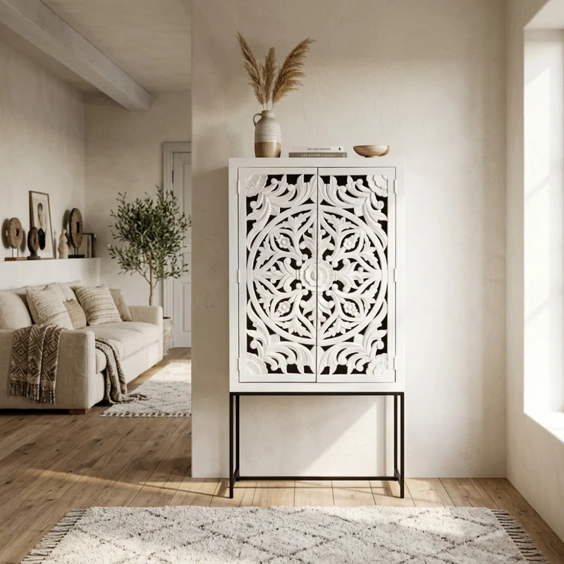Mobile "Adrian" con decoro sbiancato con 2 ante in legno di mango con struttura in ferro, 90 x 40 x 176 h cm