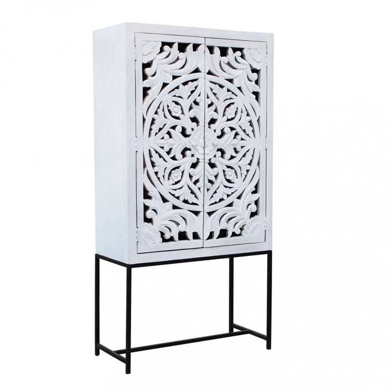 Mobile "Adrian" con decoro sbiancato con 2 ante in legno di mango con struttura in ferro, 90 x 40 x 176 h cm