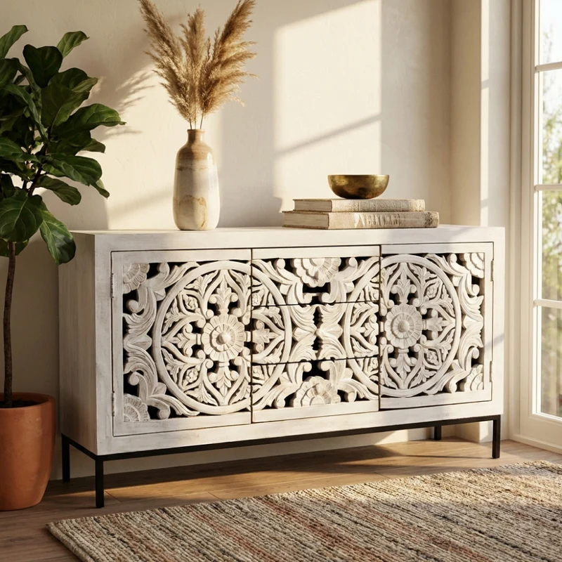 Mobile "Cooper" con decoro sbiancato con 2 ante e 3 cassetti in legno di mango con struttura in ferro, 150 x 40 x 80 h cm