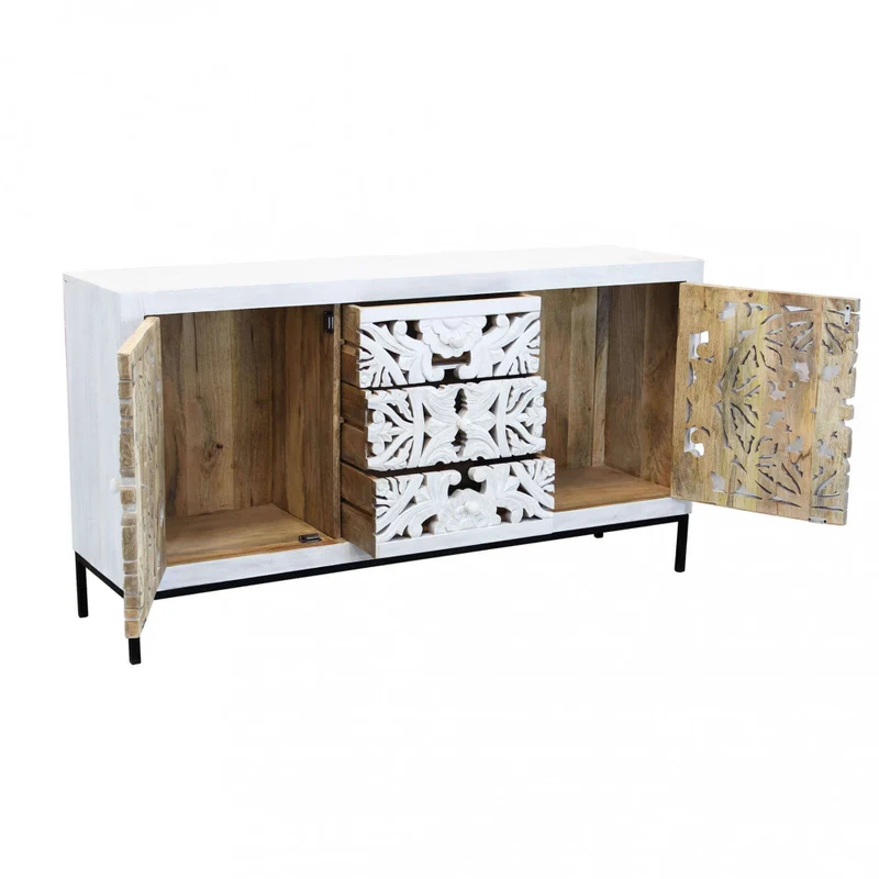 Mobile "Cooper" con decoro sbiancato con 2 ante e 3 cassetti in legno di mango con struttura in ferro, 150 x 40 x 80 h cm