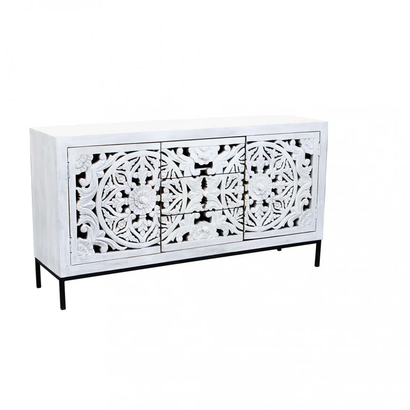 Mobile "Cooper" con decoro sbiancato con 2 ante e 3 cassetti in legno di mango con struttura in ferro, 150 x 40 x 80 h cm