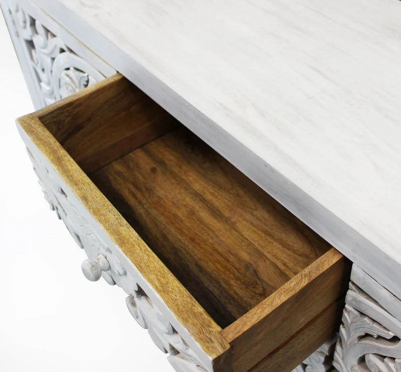 Mobile "Cooper" con decoro sbiancato con 2 ante e 3 cassetti in legno di mango con struttura in ferro, 150 x 40 x 80 h cm