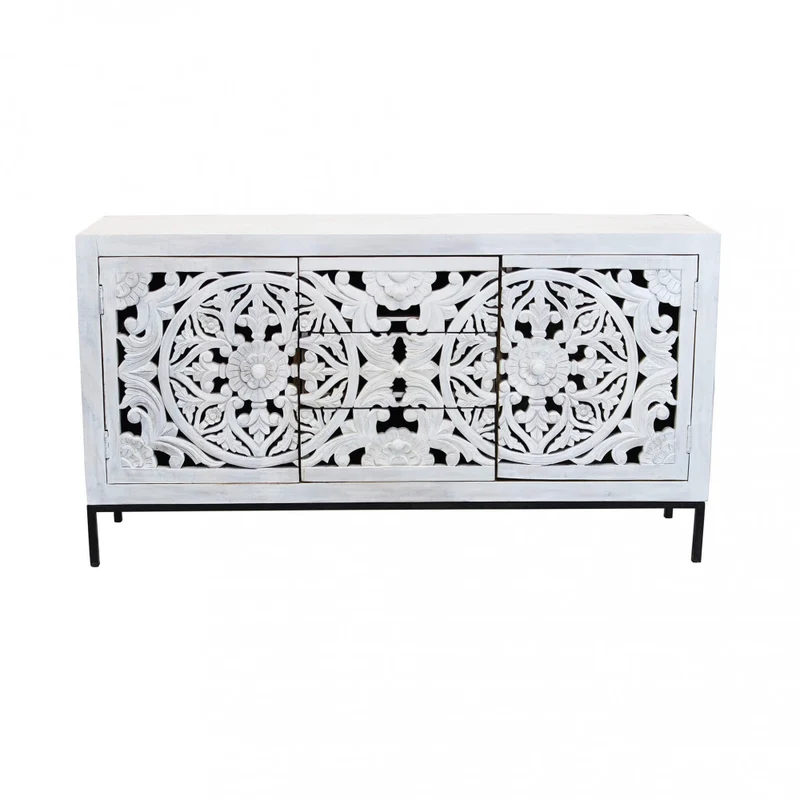 Mobile "Cooper" con decoro sbiancato con 2 ante e 3 cassetti in legno di mango con struttura in ferro, 150 x 40 x 80 h cm